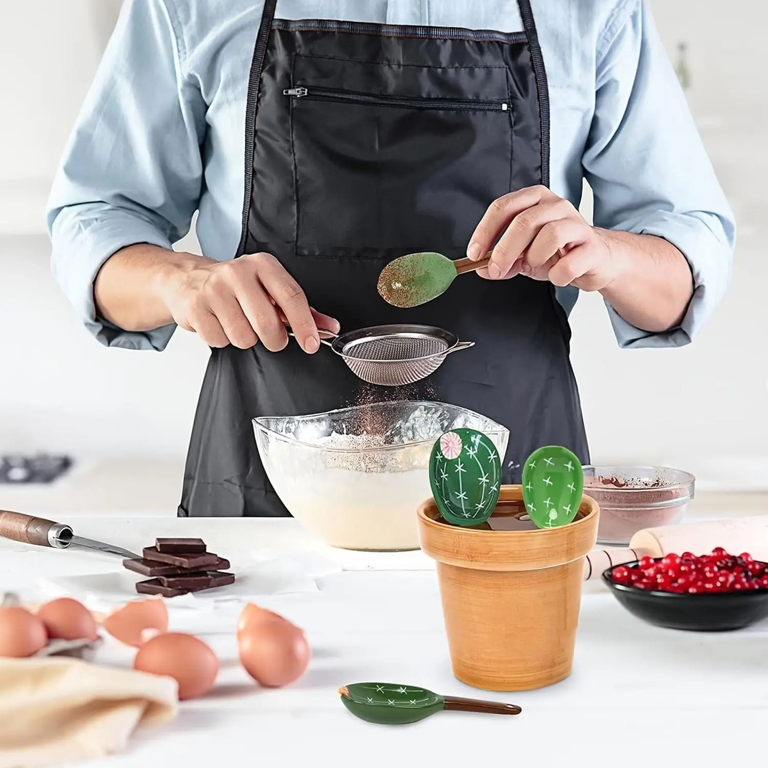 4pcs Cactus Ceramic Measuring Cup Spoon Kit, Desert Themed Tabletop Ornament, Practical Baking Utensil, Kitchen Decor Display