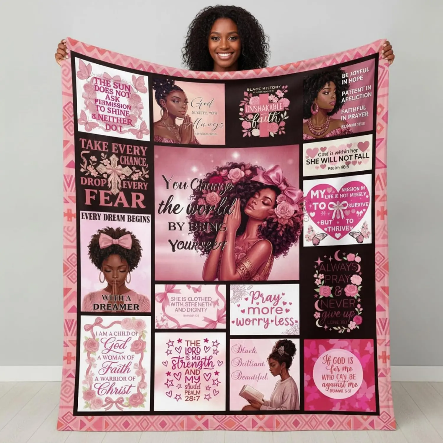 Pink African American Women's Throw Blanket with Prayer Inspirational Bible Verses, Christian Religious Spiritual Gift for Women, Ideal for Black Girlfriend's Birthday, Gifts For Women, Women Gifts
