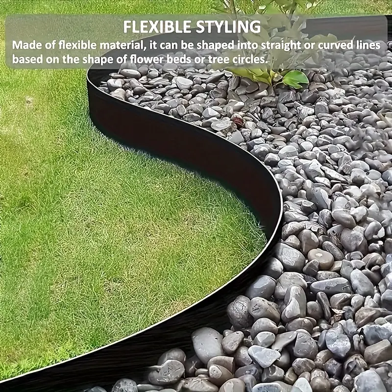 Flexible garden border tape, 393.7 inches long, specially designed for landscape edging. This mini plastic fence comes with 30 stakes, suitable for flower in the yard.