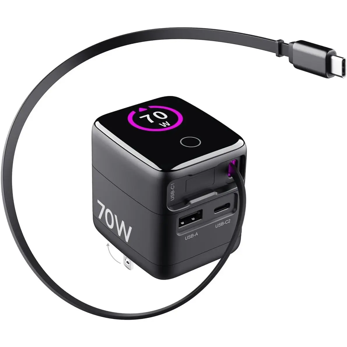 70W/65W GaN USB C PD Charger, Retractable USB C Charger with AI Digital Display - Travel Laptop Power Adapter, PPS 45W 25W   for  17 16, iPad, MacBook, Galaxy S26, Pixel 10