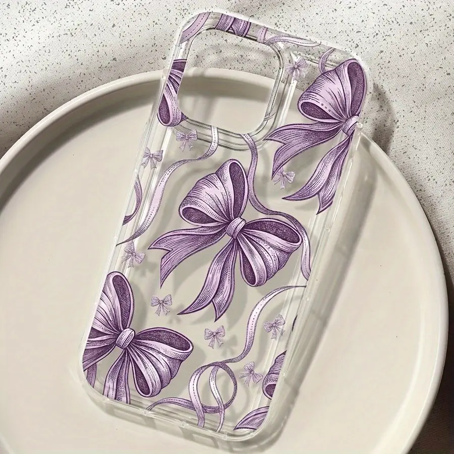 Phone Case - 1pc Soft Purple Bow Transparent Anti-Fall Phone Case TPU Soft Cover, Protective Case Suitable for Apple Iphone 16 15 14 13 12 11 Plus Pro Max Mini Series Phone Case, Holiday Gift, Birthday, Girlfriend, Boyfriend, Couple