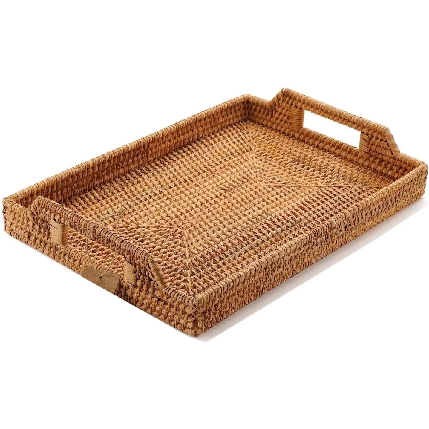 17" Handwoven Rattan Rectangular Serving Tray with Handles, Wicker Tray for Coffee Table, Breakfast, Drinks, Fruit, Snacks, Ottoman & Kitchen Counter Decor