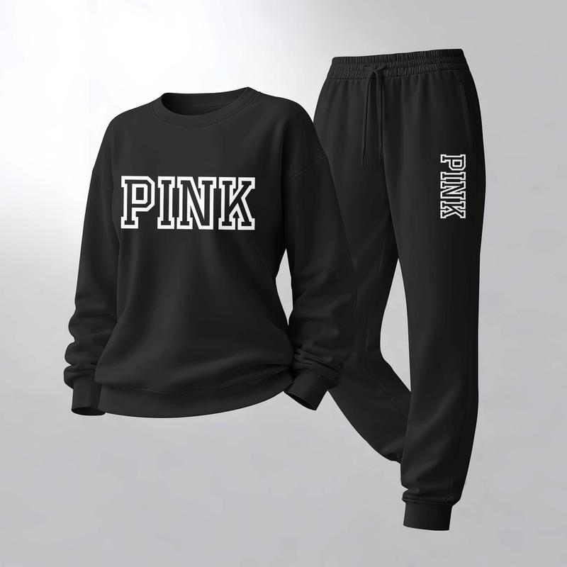 Women's Letter Print Crewneck Sweatshirt and Drawstring Track Pants Set, Casual Sportswear, Long-Sleeve Round Neck Top and Pants, Suitable for Spring, Autumn and Winter, Everyday Wear