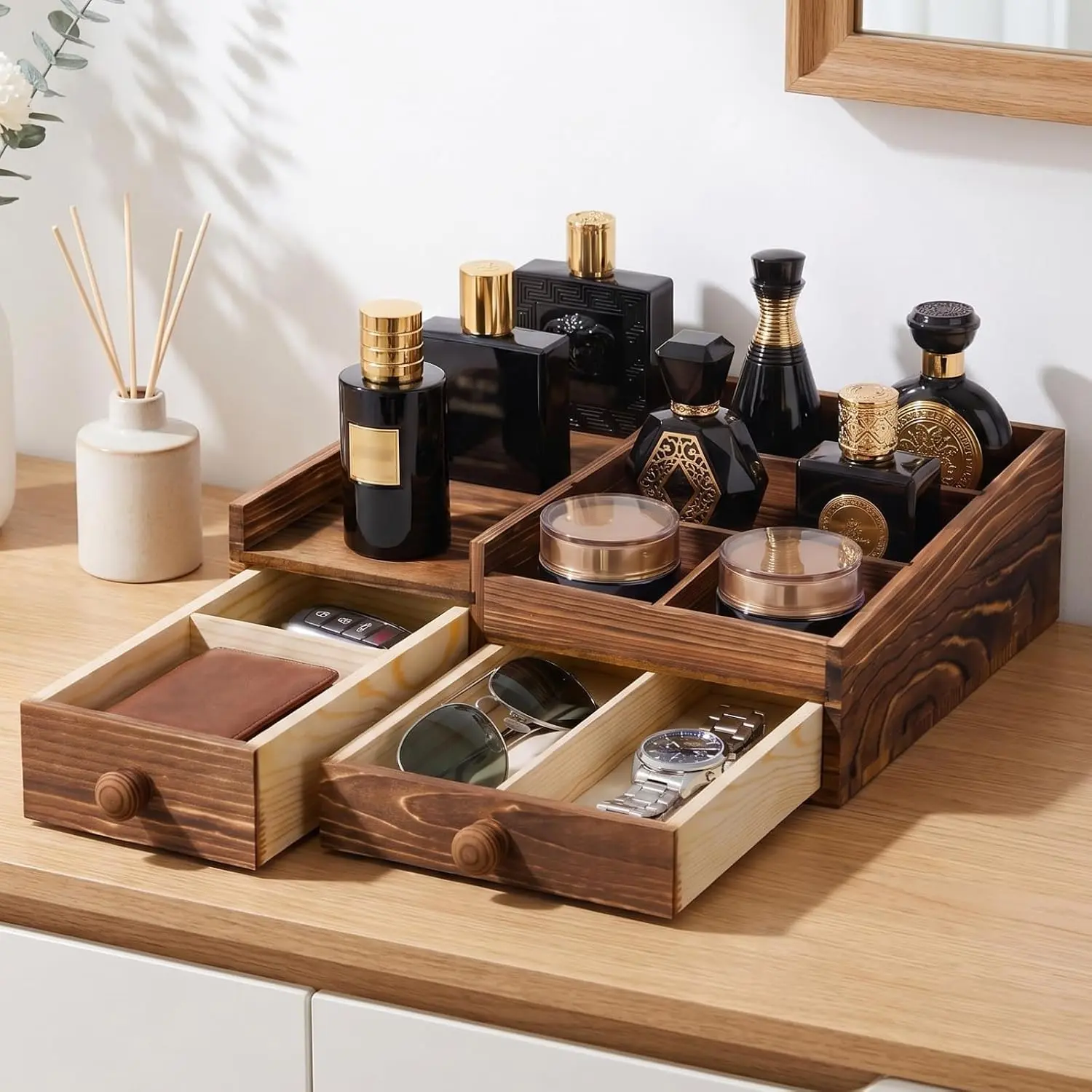 Men's Brown Solid Wood Perfume Storage Organizer - Single Unit, 2 Drawers, Adjustable Shelves & Dividers, Bathroom Countertop/Kitchen Male Grooming Storage, Natural Grain Dad Gift Idea
