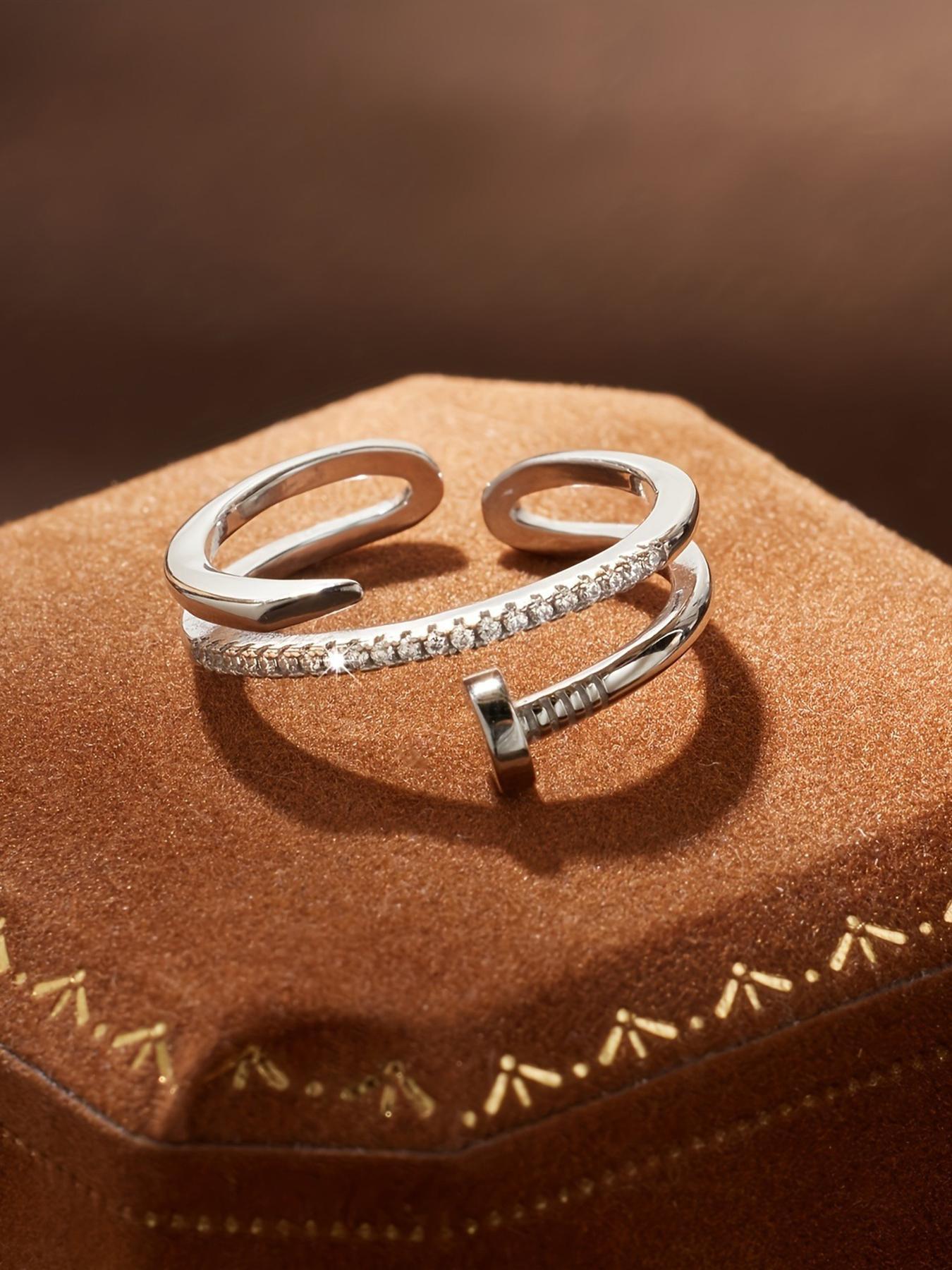 S925 Sterling Silver Fashionable Nail Design Ring, Artificial Zircon Decor Ring for Women, Trendy All-match & Exquisite Jewelry for Birthday Gift, Interlocked Stackable Rings