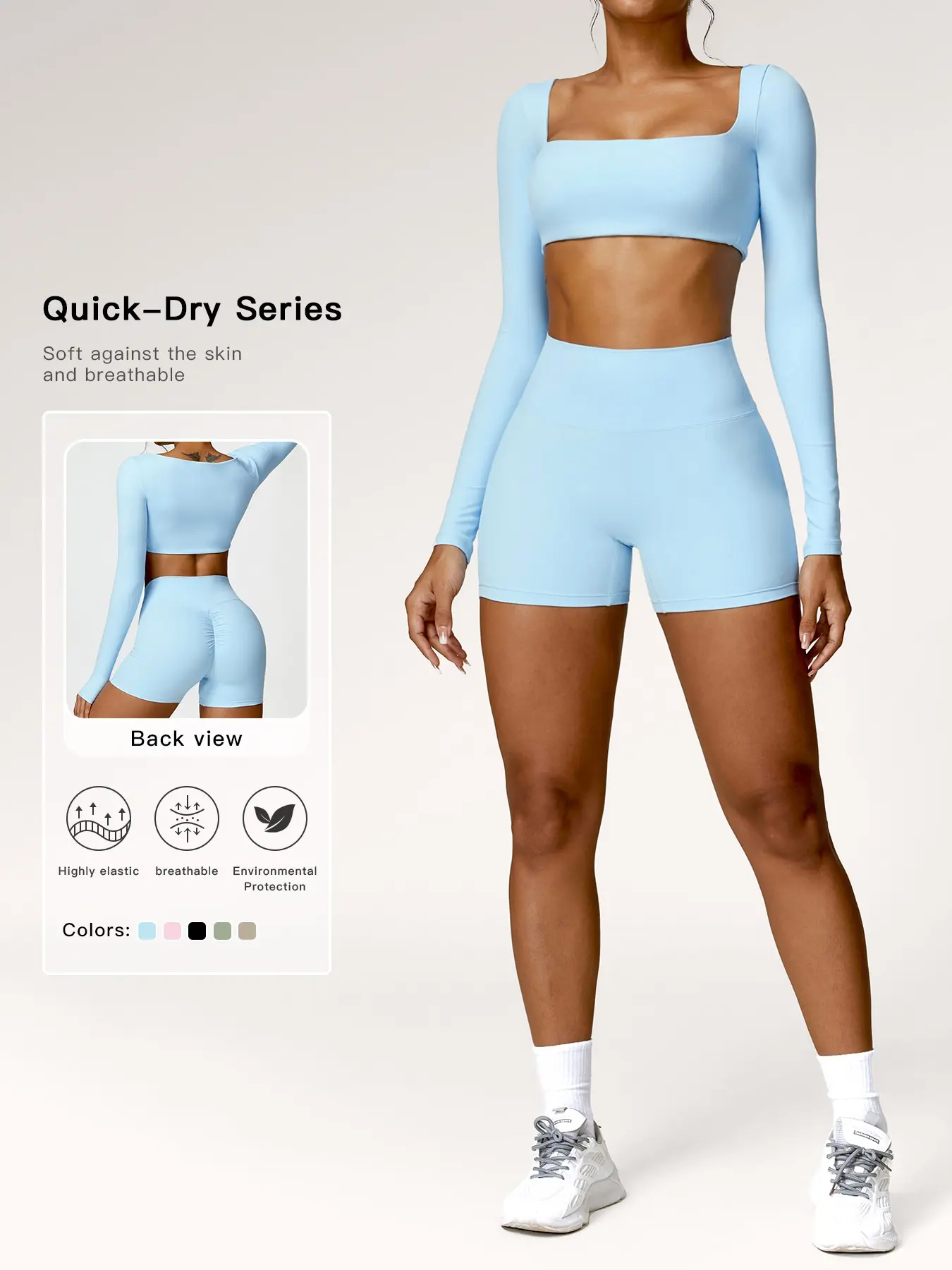 Women's Solid Long Sleeve Crop Tee & High Waist Shorts Tracksuit Set, Gym Workout Sets, Sporty Square Neck Top & Short Leggings for Yoga, Ladies Activewear, Sports Activewear Set, Athleisure Activewear