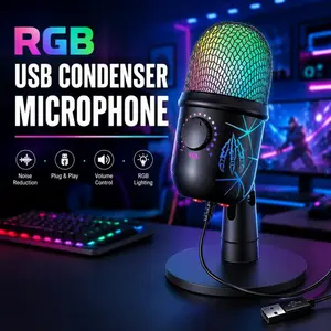 Game Microphone with Noise Reduction, USB Computer Mic with LED Light, Plug and Play, Compatible with PC, Phone, MAC, Ps4/5, Condenser Mic for Recording, Youtube, Live Streaming