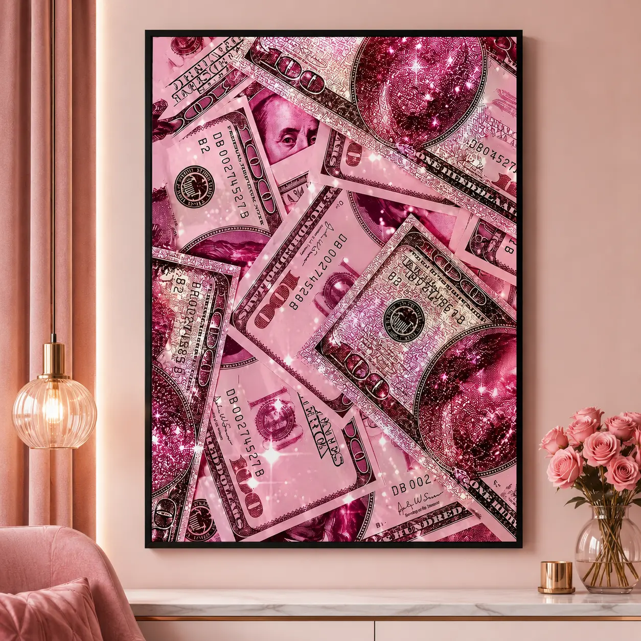Hot Pink Money Wall Art Glam Canvas Print Rich Girl Aesthetic Decor for Bedroom Dorm Room and Vanity