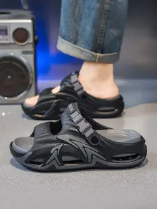 Men's Mecha-Style Thick-Soled Slides, Breathable Hollow Two-Way Sandals, Non-Slip Elevated Casual Outdoor Slippers Footwear