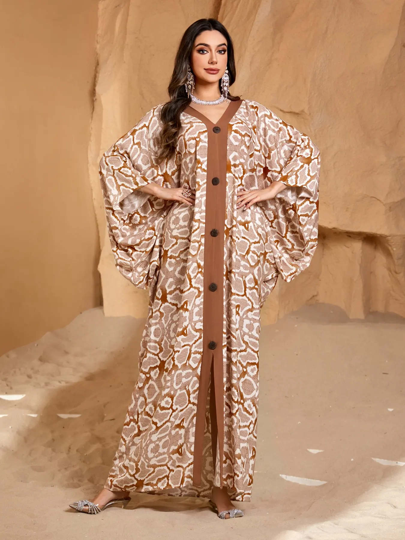 Women's Vintage V-Neck Maxi Kaftan, Loose Fit Batwing Sleeve, Boho Vacation Dress, Beach Cover-Up, All Seasons