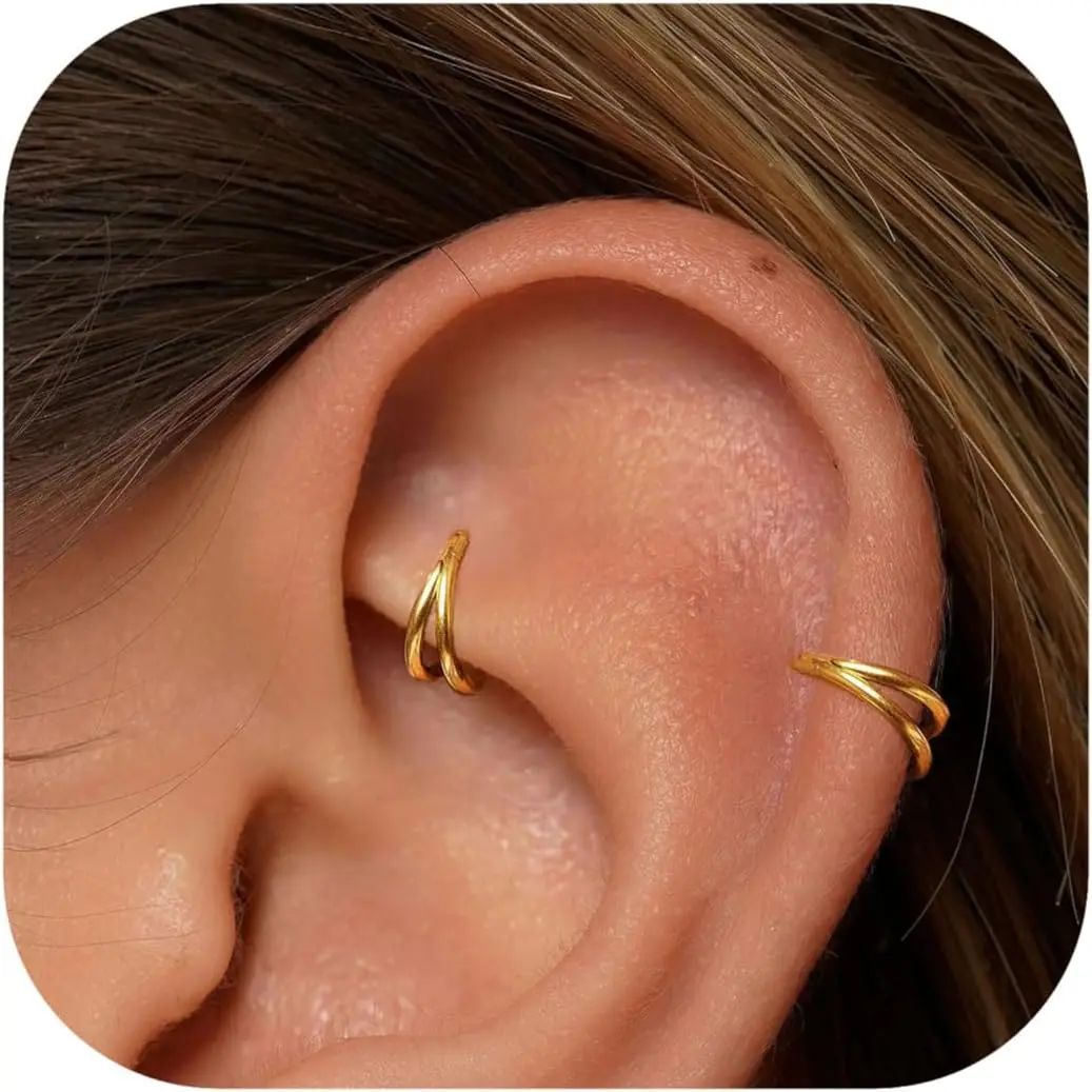 2 count Small Cartilage Double-Hoop Helix Conch  Earrings With Cubic Zirconia For Women Trendy 14K  Plated Stainless Steel Sets