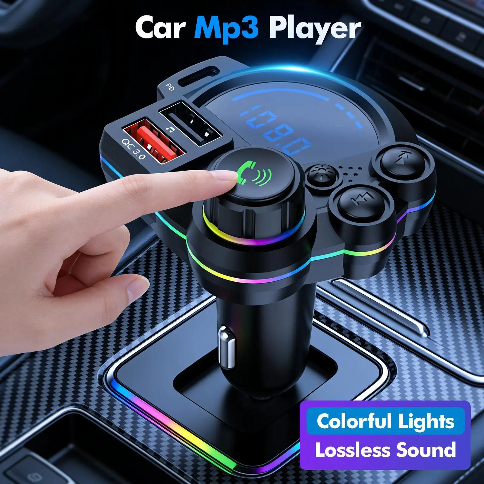 Bluetooth 5.3 Car FM Transmitter, Bluetooth Car Adapter with 30W PD & USB Fast Charger, Colorful RGB Light, Hands-Free Calling, Bass Music Player for Vehicles