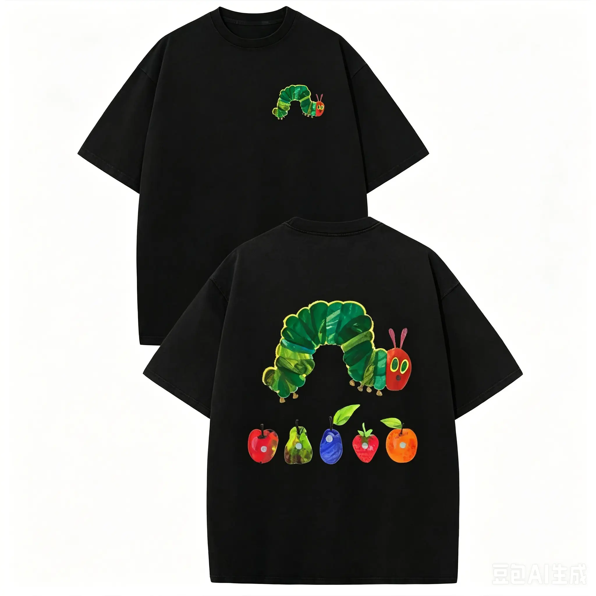 Heavyweight Cotton Crewneck Streetwear T-Shirt, Retro Acid Wash "The Very Hungry Caterpillar" Dual Side Graphic Printed Unisex Fashion Tees summervibes Casual Top