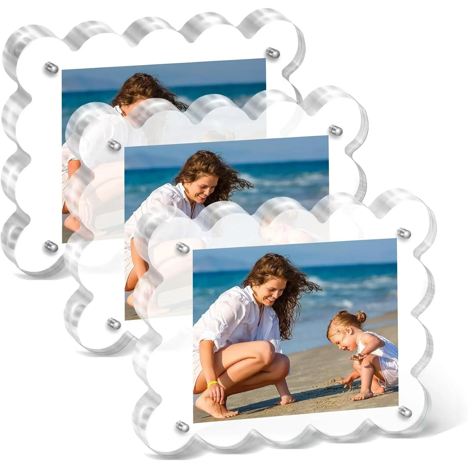 2x3 Magnetic Acrylic Picture Frames 3 Pack, Scalloped Desktop Photo Holders, 10+10mm Thick, Dual-Side Display, Holiday Gifts for Christmas, Thanksgiving, Valentine's Day and EasterGift