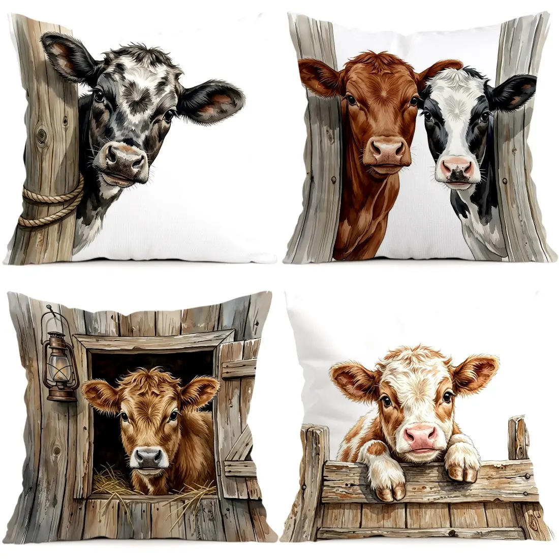 4pcs Cute Cow Fence Pattern Cushion Covers, Single-Sided Print, Home Decor for Living Room Bedroom, All-Season Pillow Cases, No Insert Included, Bedroom Decorative Accessories