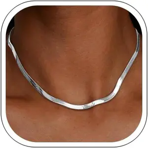 Jewlpire Silver/18K Gold Plated Herringbone Necklace for Women, 3mm 4mm 5mm Necklace for Women, Flat Snake Chain Necklaces, Fashion Women's Chain Necklaces 16 18 20 22 24 Inch