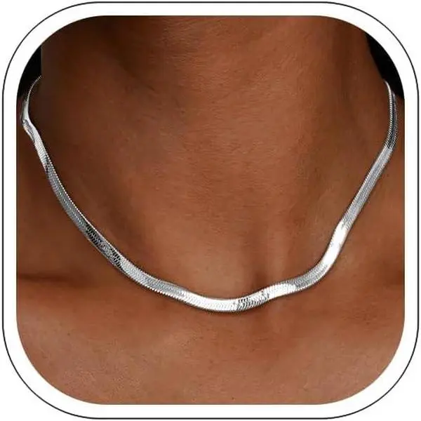 Jewlpire Silver/18K Gold Plated Herringbone Necklace for Women, 3mm 4mm 5mm Necklace for Women, Flat Snake Chain Necklaces, Fashion Women's Chain Necklaces 16 18 20 22 24 Inch