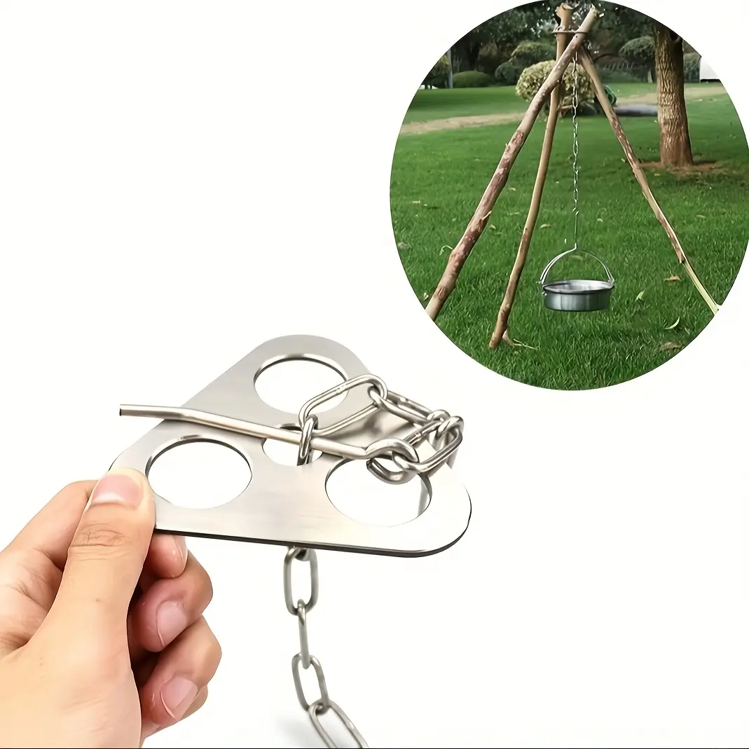 [Stainless Steel Grill Set] Portable Stainless Steel Camping Campfire Grill Pot Triangle Stand Set | Detachable Outdoor Barbecue Tripod Hanging Rack Outdoor Bbq