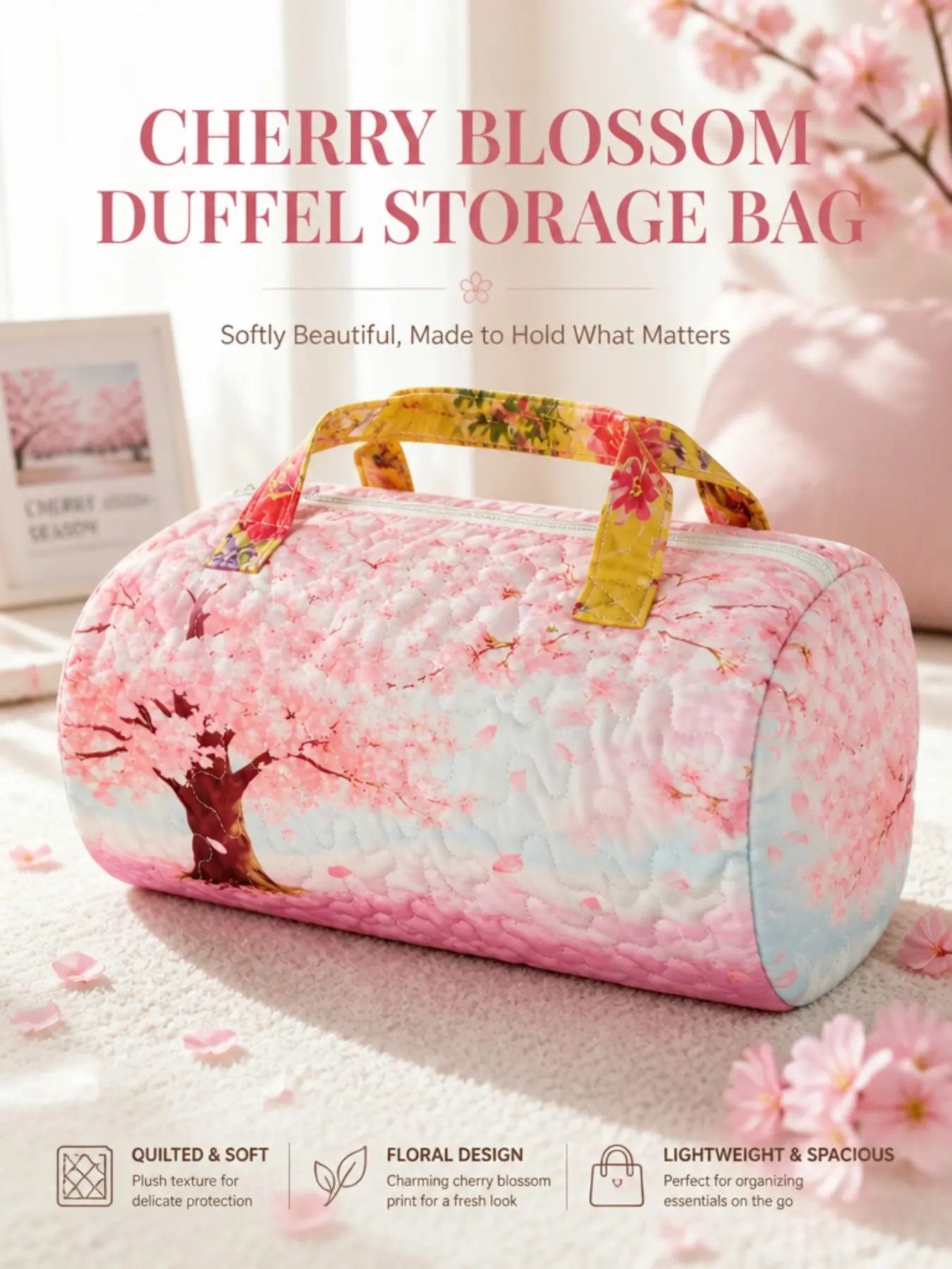 Cherry Tree Print Quilted Handbag, Large Capacity Soft Quilted Weekend Travel Bag, Lightweight Overnight Fitness Luggage, Ideal for Outdoor Trips and Vacations