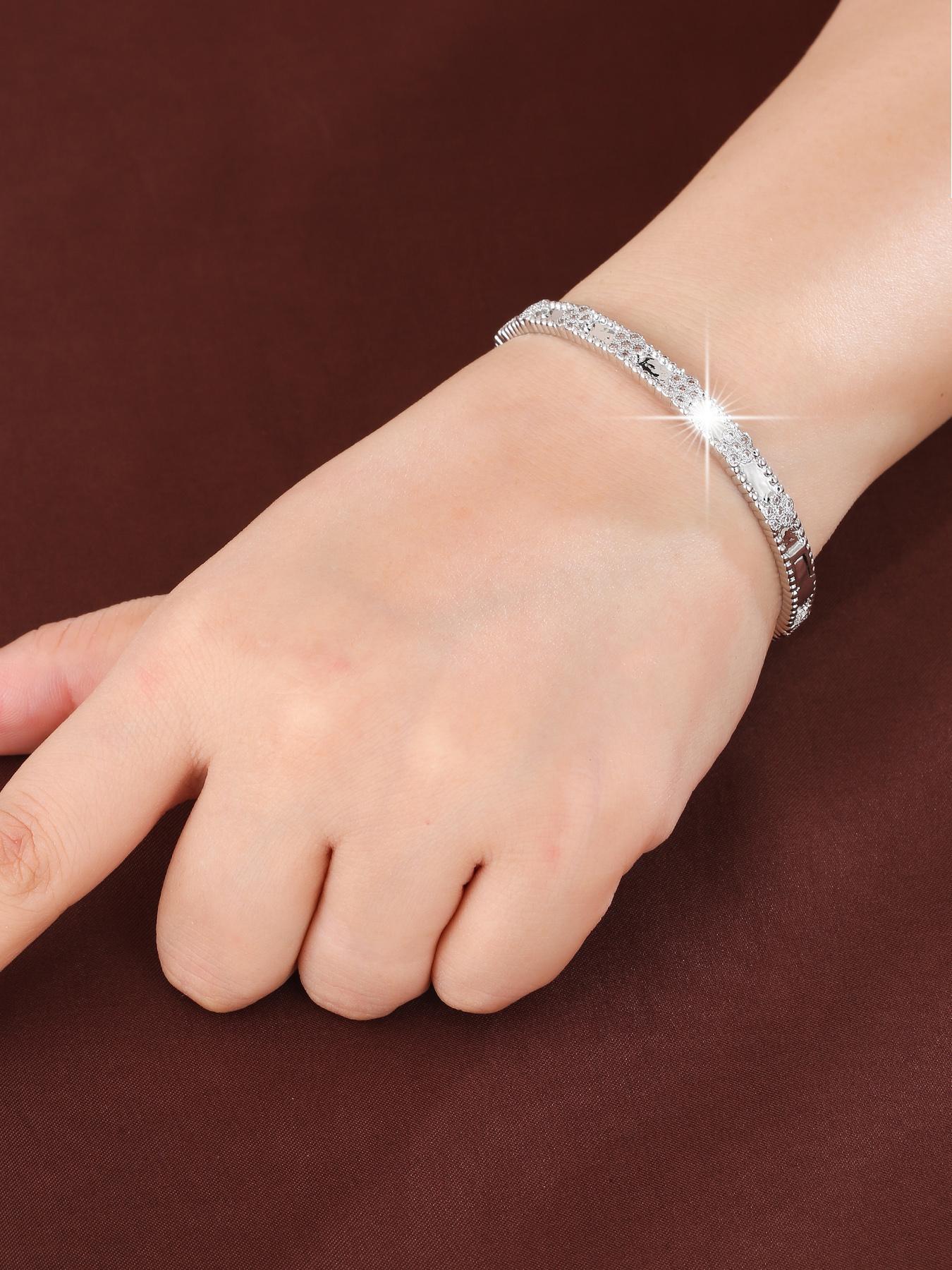 S925 Sterling Silver Artificial Zirconia Decorated Bracelet, Elegant Cuff Bangle Bracelet for Women, Fashion Jewelry for Party, Daily Decor, Trendy All-match & Exquisite Jewelry for Birthday Gift