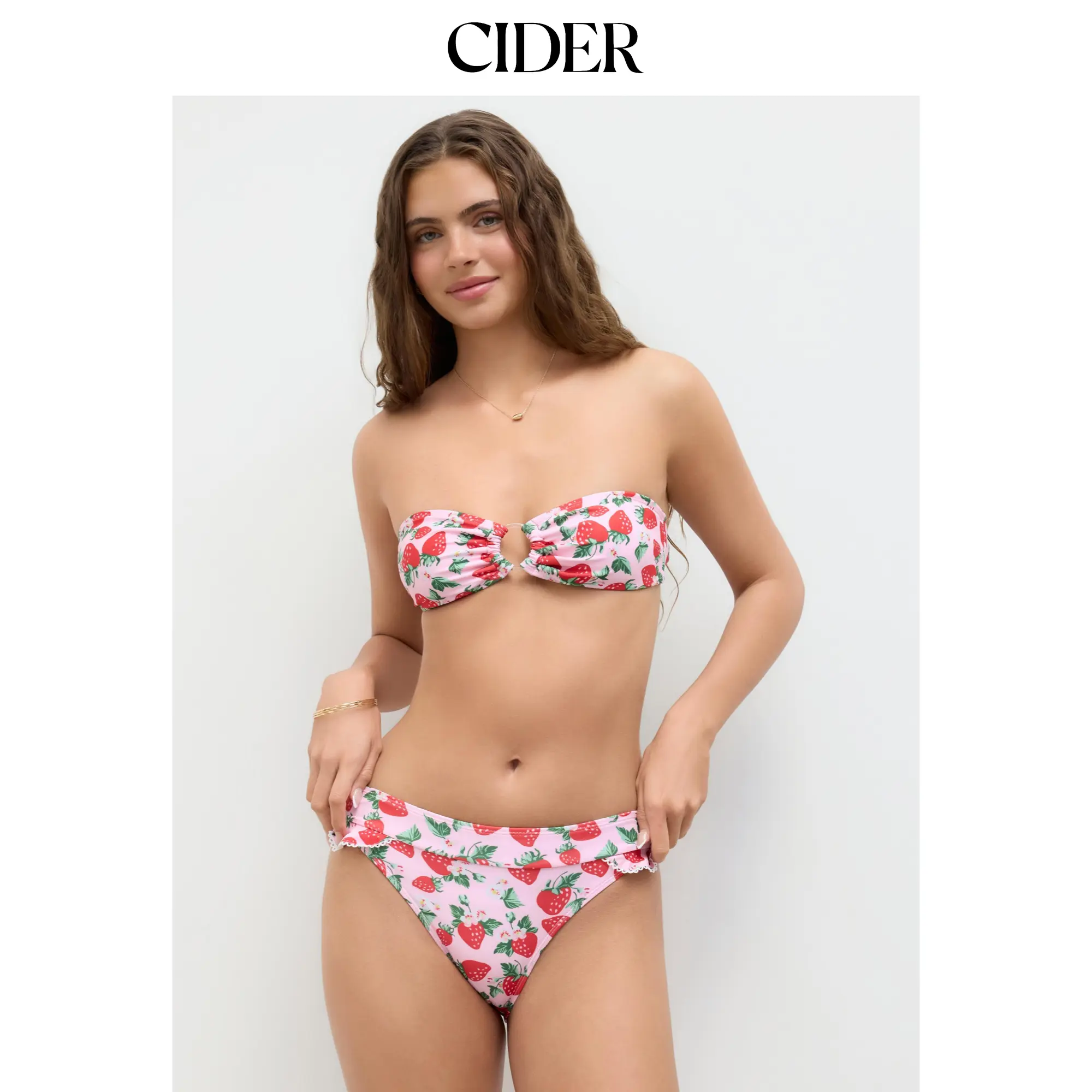 Cider Bandeau Strawberry O-Ring Lettuce Trim Cheeky Bikini Set