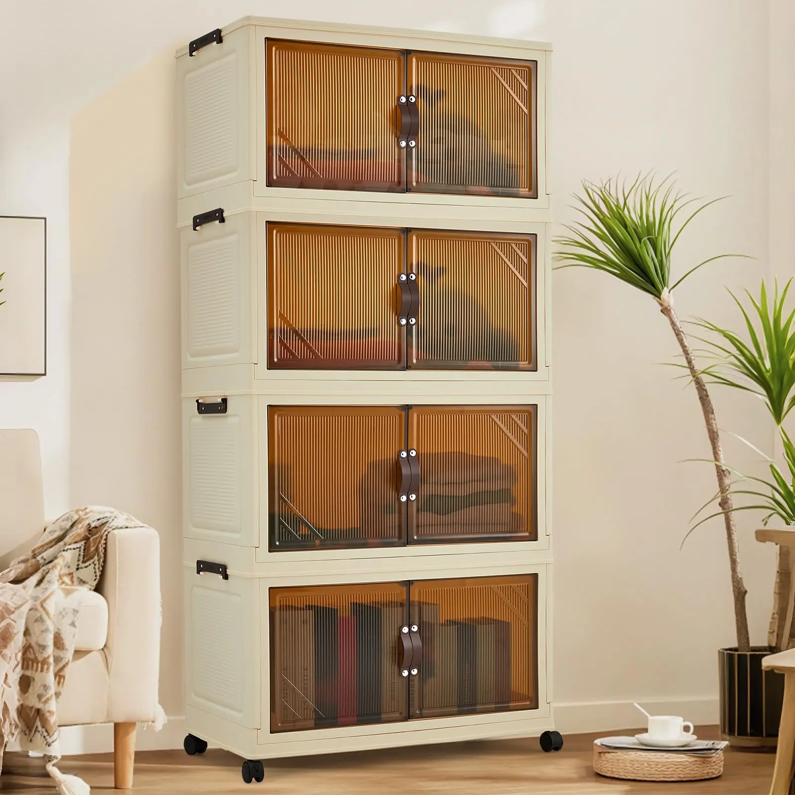 Garvee Robust Foldable Plastic Storage Cabinet - Magnetic Doors - Stackable Storage Box - For Clothes and Children's Toys