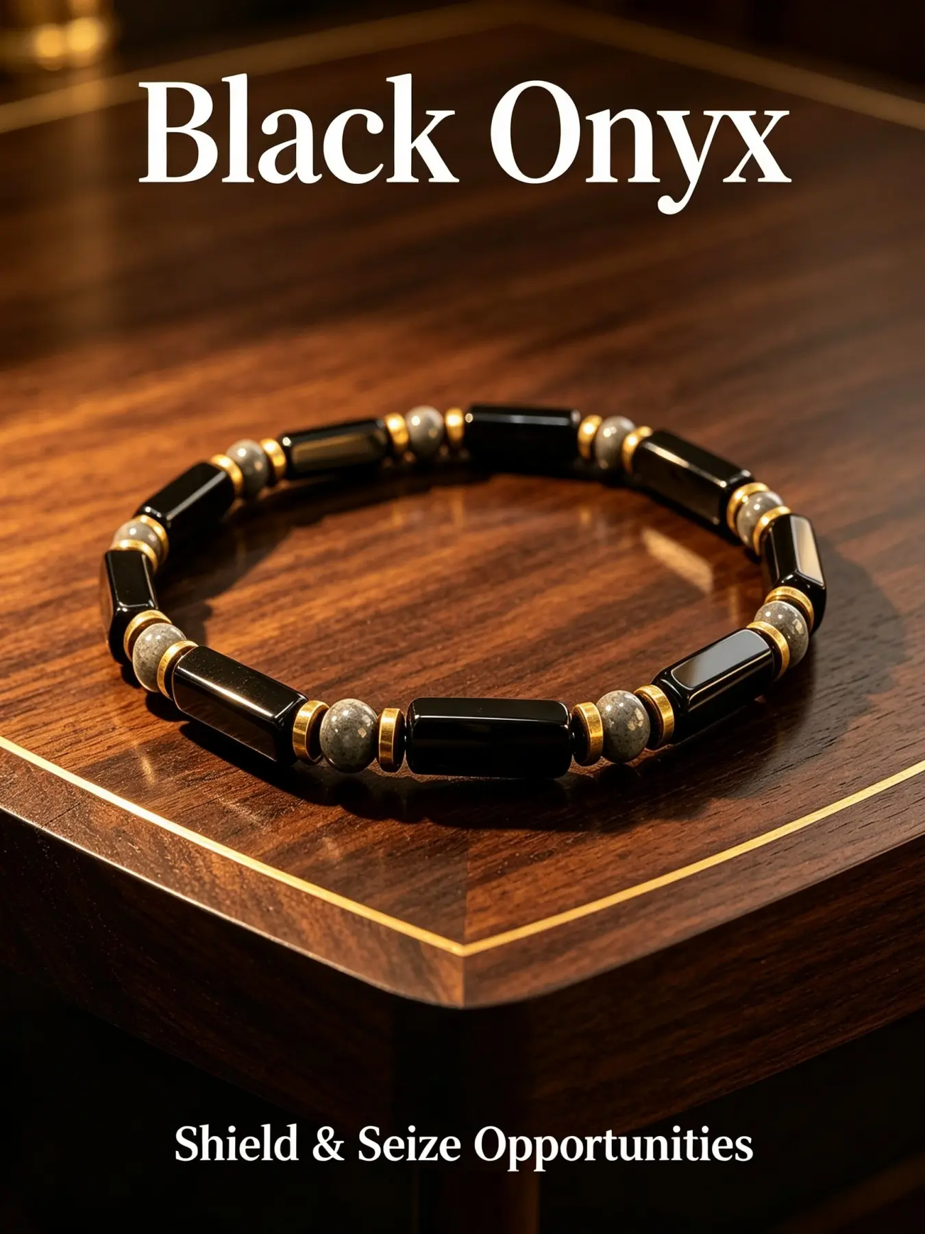 Black Onyx Rectangle Bar Bead Stretch Bracelet, Natural Black Onyx Stone with Grey Round Beads & Gold-Tone Spacers, Elastic Band, Minimalist Business Casual Wrist Jewelry for Daily Office Wear Birthday Gift for Him