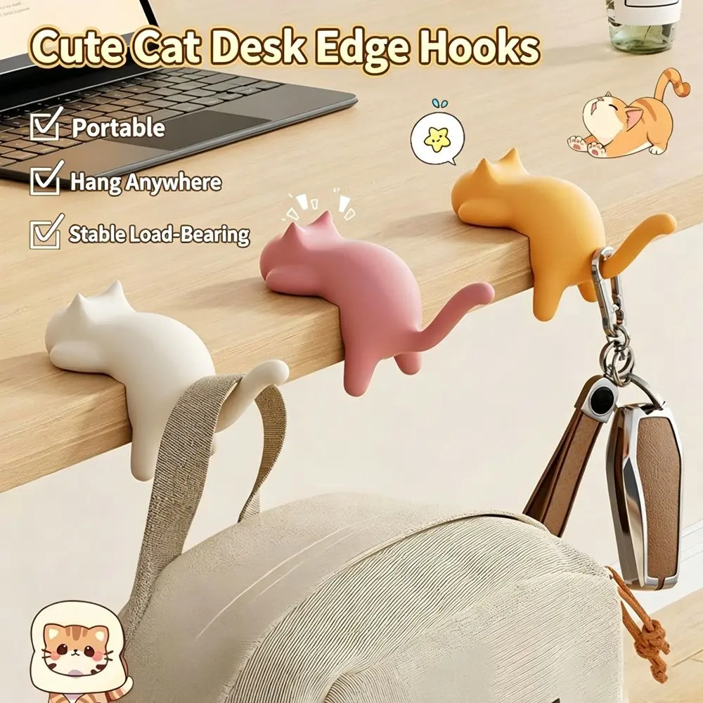 Cute Cat Desk Hook, Office Storage Organizer, Portable Adhesive Hook, Backpack Bookshelf Holder, Convenient Hanging Hook for Books and Bags