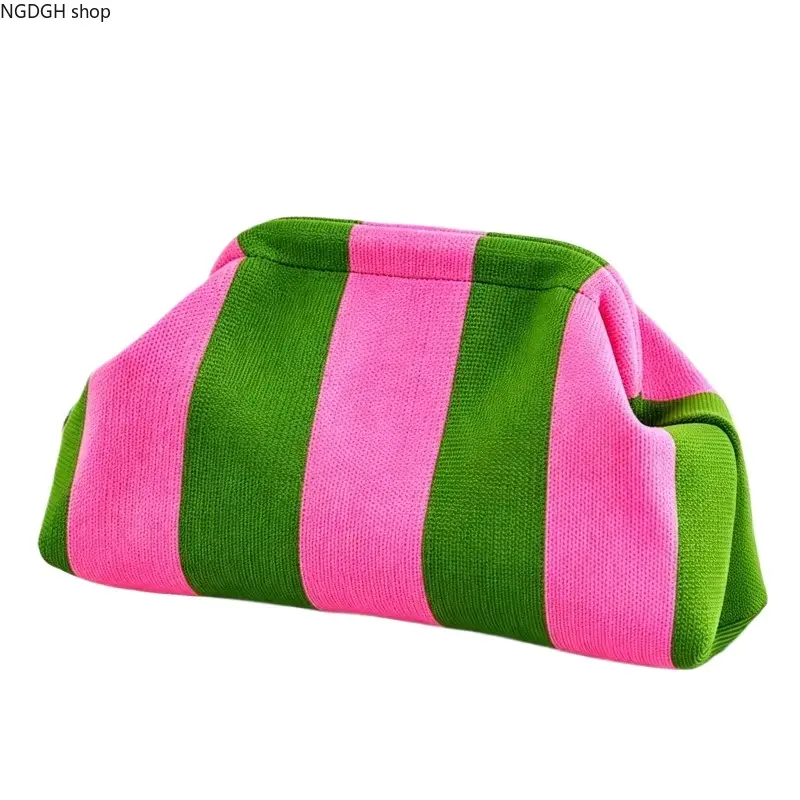 Women's Striped Knit Makeup Bag - Trendy Pink Green Beauty Products Pouch, Soft Textured Fabric, Spacious Clamshell Design with Gold Clasp, Cute Lightweight Portable for Everyday Use & Travel