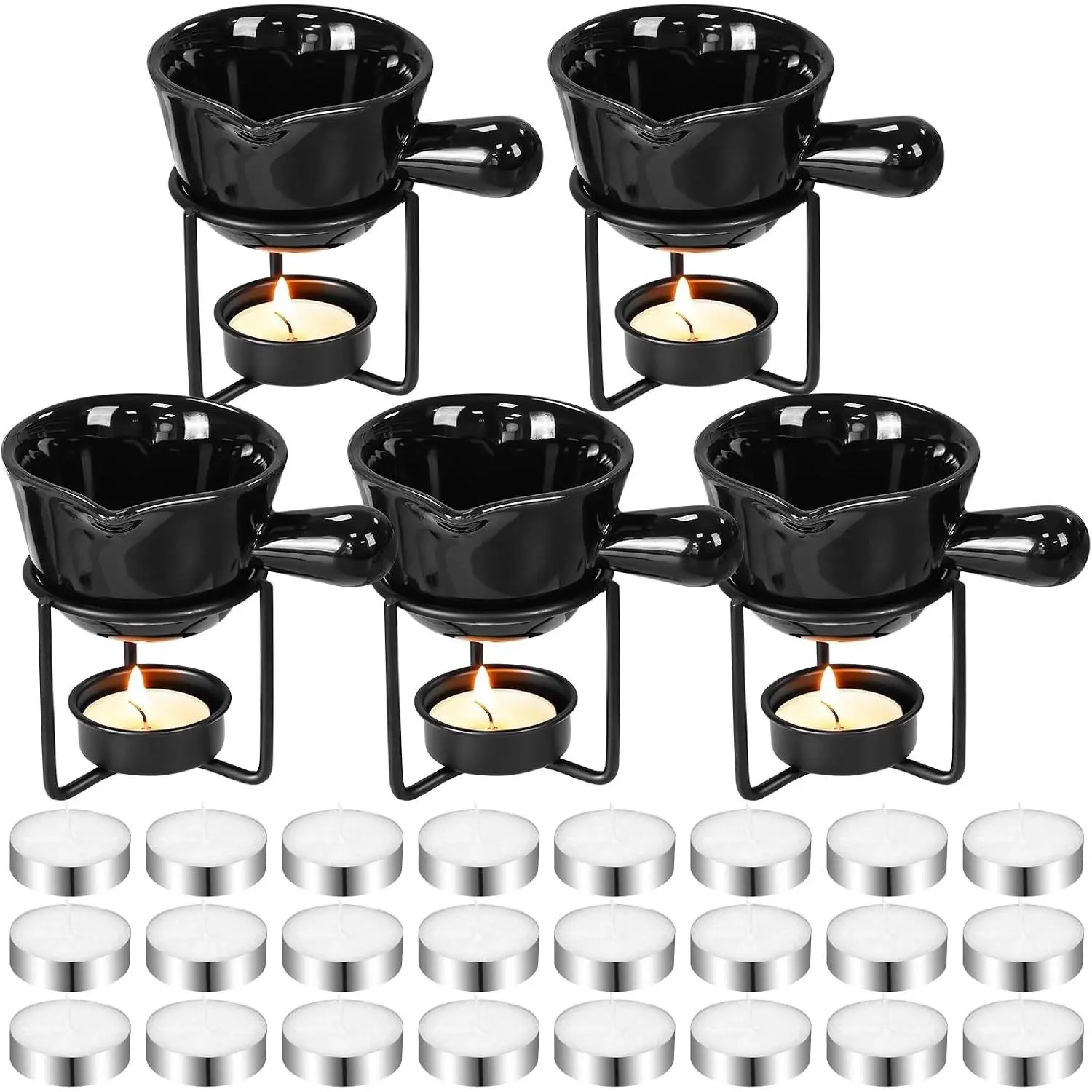 35 Pcs Ceramic Butter Warmers 5 Butter Warmers for Seafood with 25 Tealight Candles 5 Stand 2 oz Mini Simmer Pot Set for Sauce Chocolate Cheese Fondue Lobster Dishwasher Microwave Oven Safe
