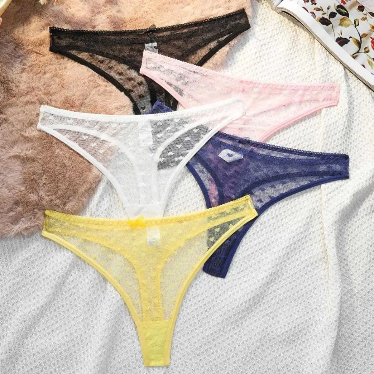 5PCS Women's Low-Waist Thong Mesh Lace Polka Dot Sheer Breathable Strappy G-String Panties, Comfortable Bikini Knickers Pack for Daily Wear & Dating