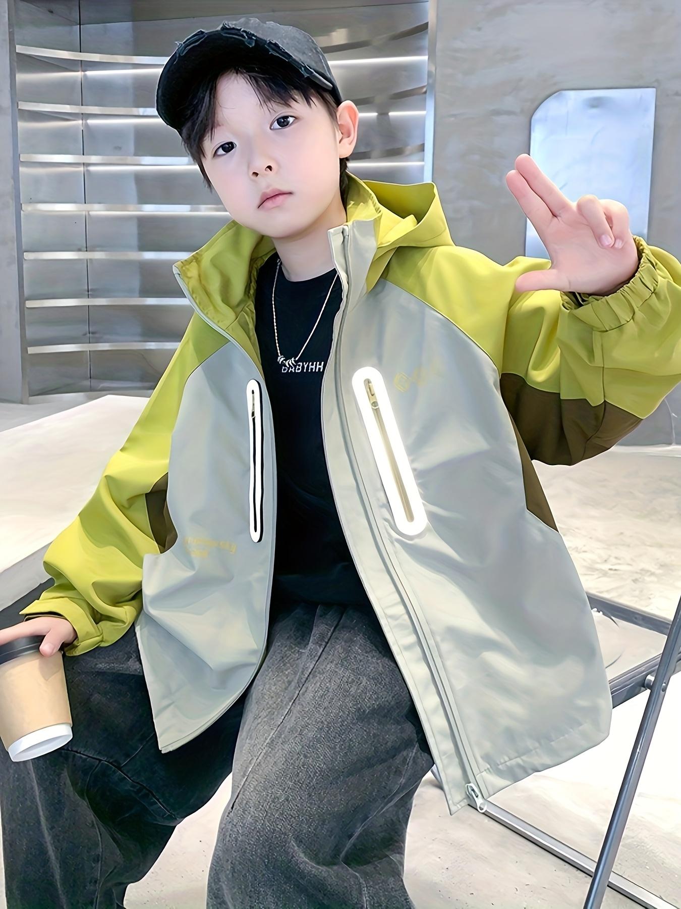 & ' Hooded Jacket with Half-Zip & Full-Zip Front - Lime Green/Yellow/Brown Color Block Windbreaker, Full-Zip Hood & Full-Zip Back, Durable for Kids Outdoor, Casual Wear (Spring/Fall) - Easy-Care Zipper