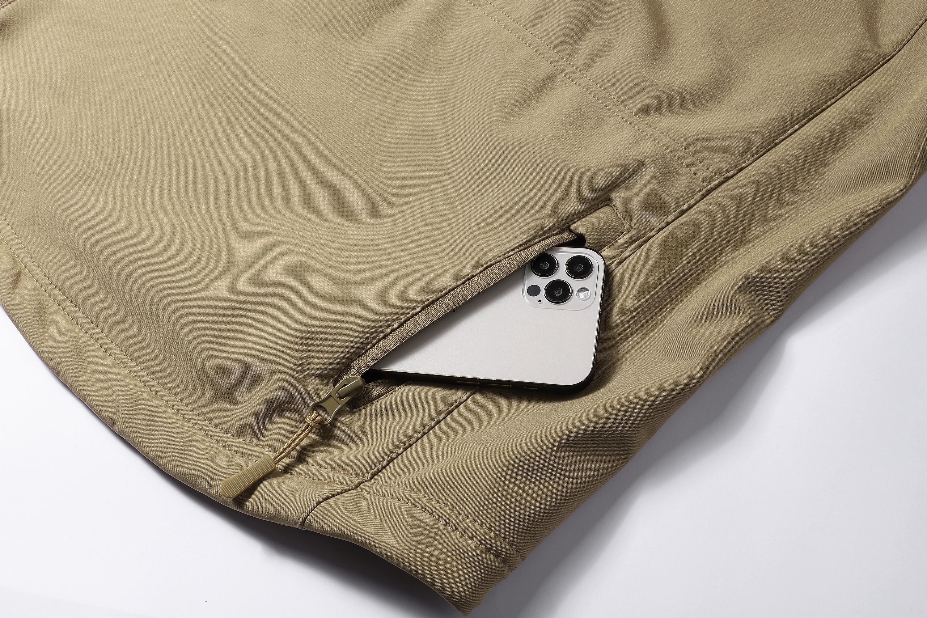 A men's hooded jacket with an outdoor and functional style features multiple zipper pockets distributed on the chest, arms, etc., making it convenient to store various small items and highly practical. Hood with drawstring closure