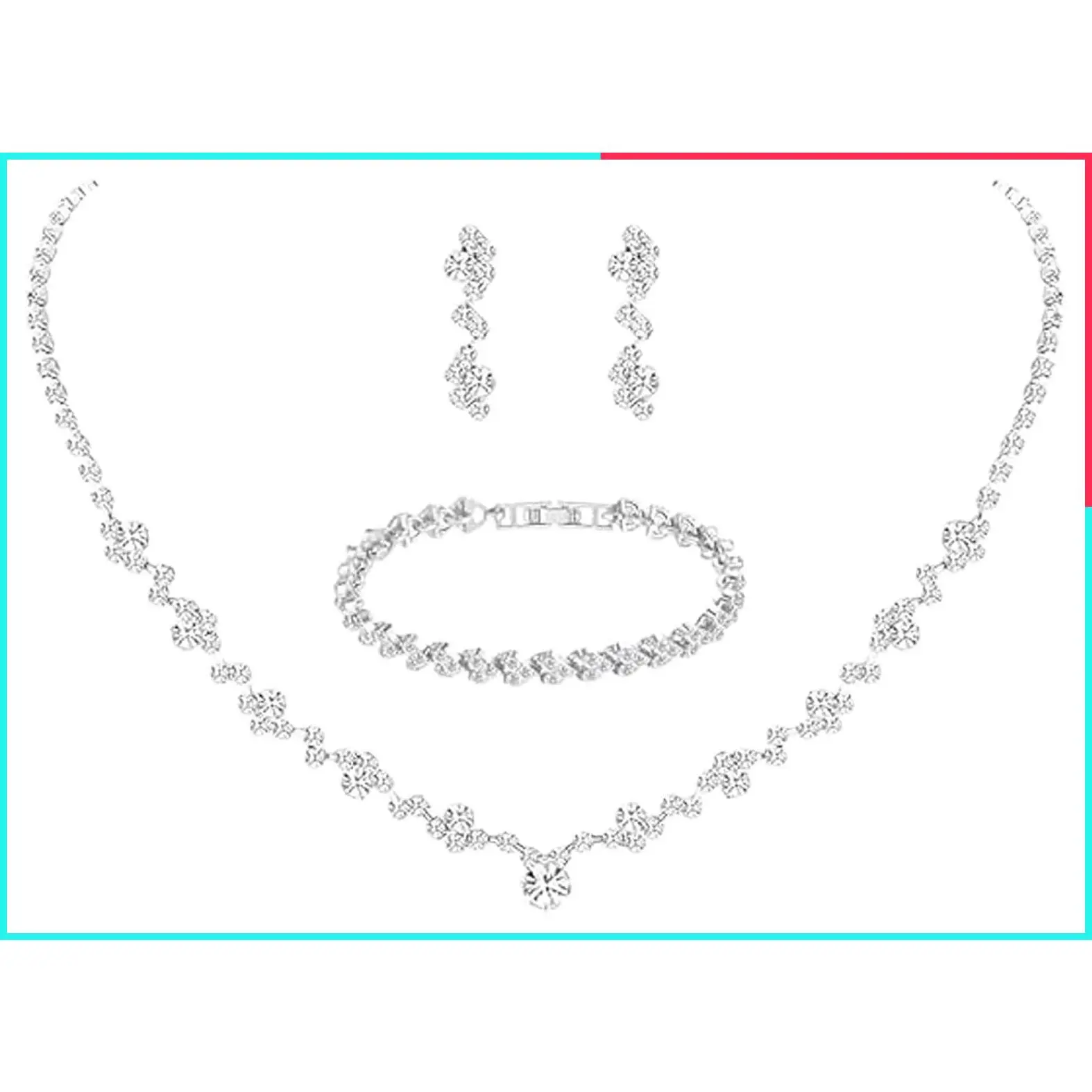 Silver Crystal Bridal Jewelry Set with Teardrop Dangle Earrings, Rhinestone Necklace and Bracelet for Bride Bridesmaid Wedding Party