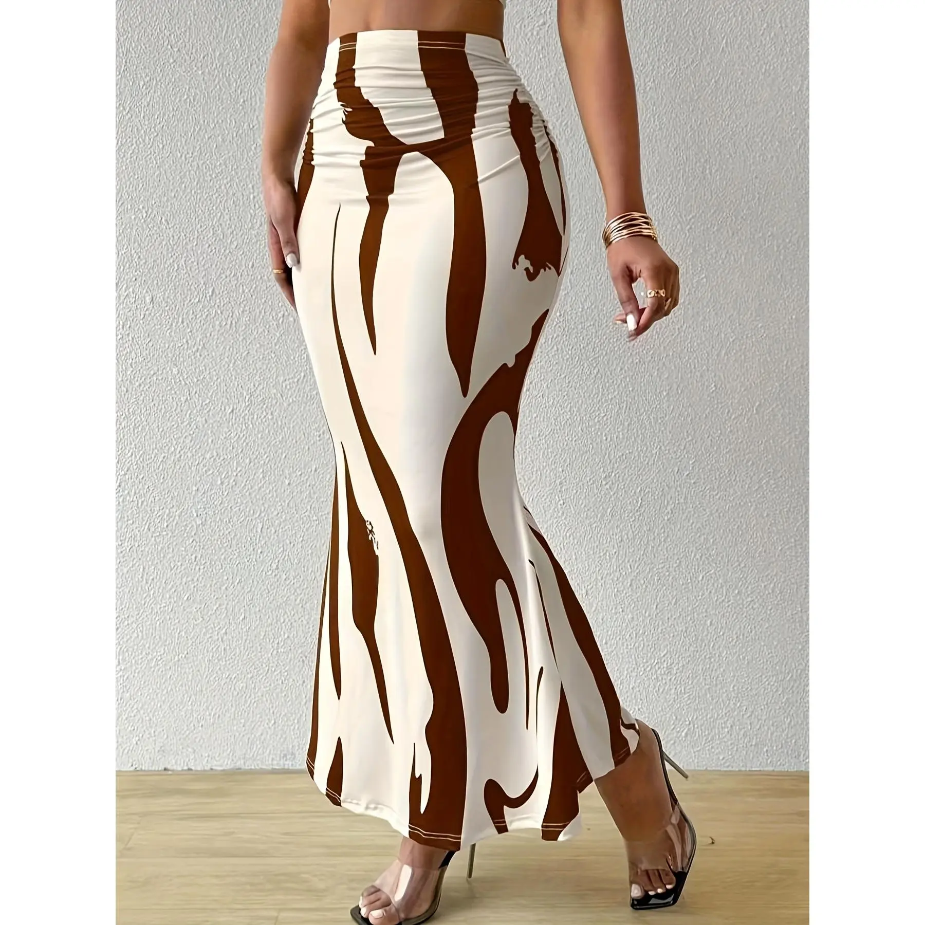 Women's Polyester-Knitting Zebra Print High-Waisted Fishtail Pencil Long Skirt with Elastane - Elegant Spring & Summer New Women's Bottoms, Hand Wash Only