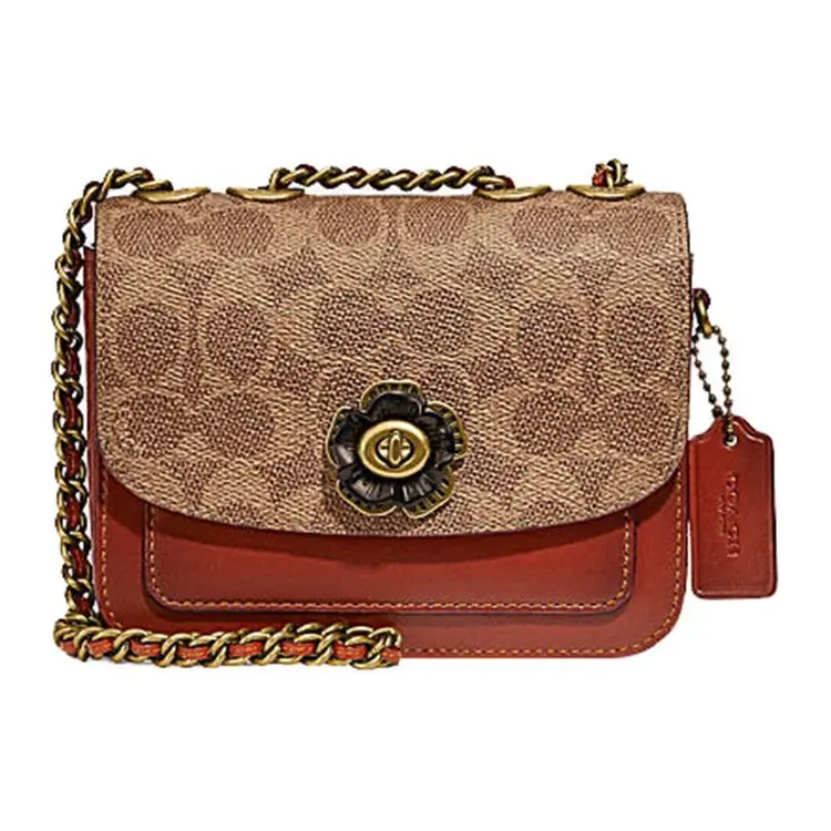 Coach Madison 16 Camellia Turn-Lock Logo Charm Crossbody Bag for Women, Brown and Tan Monogram Leather