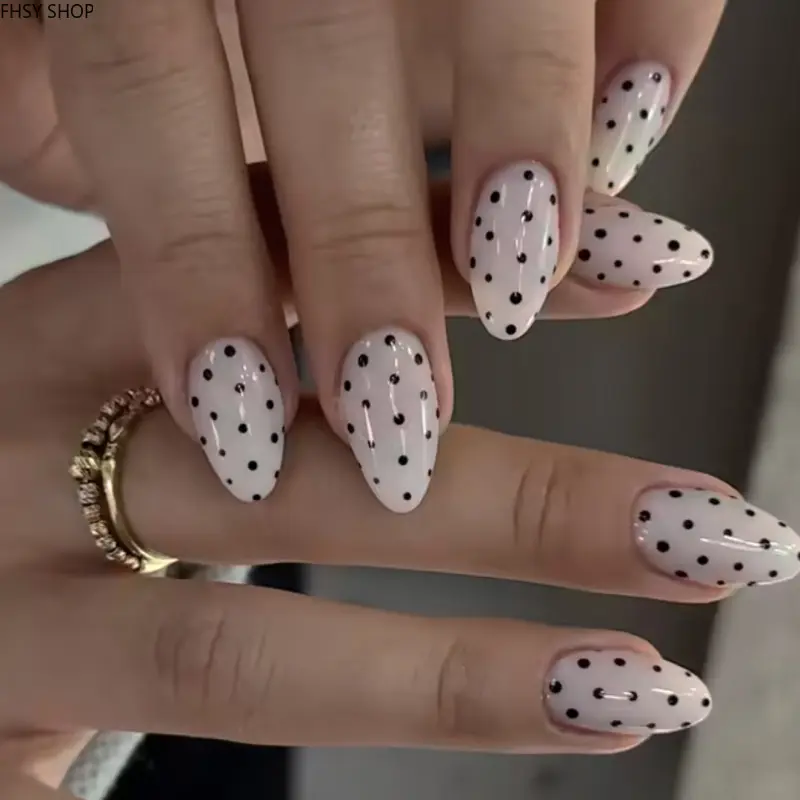 24Pcs Cross-Border Best-Selling Polka Dot Press-On Nails, White Base Black Dot Almond Fake Nails with Pre-Applied Gel Finish, Reusable Manicure Kit with 15 Sizes for Women, Perfect Gifts & Everyday Wear