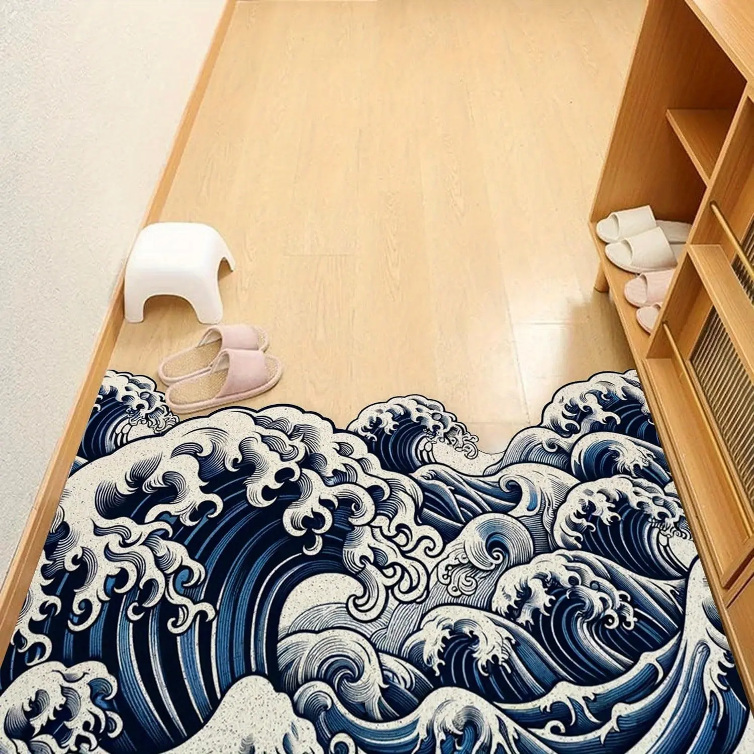 Japanese Ukiyo-E Kanagawa Wave Art Rug, Durable Entrance Mat, Vintage Home Decor Floor Mat, Easy Clean Door Mat, Home Decorative Rug, Vintage Design Rug, Polyester Fiber Rug