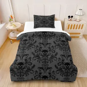 2/3Pcs Luxury Baroque Skull Comforter Set, dark embossed European scrollwork print, thick fluffy & clump-resistant, gothic luxury home bedding (with filling, no pillow inserts)