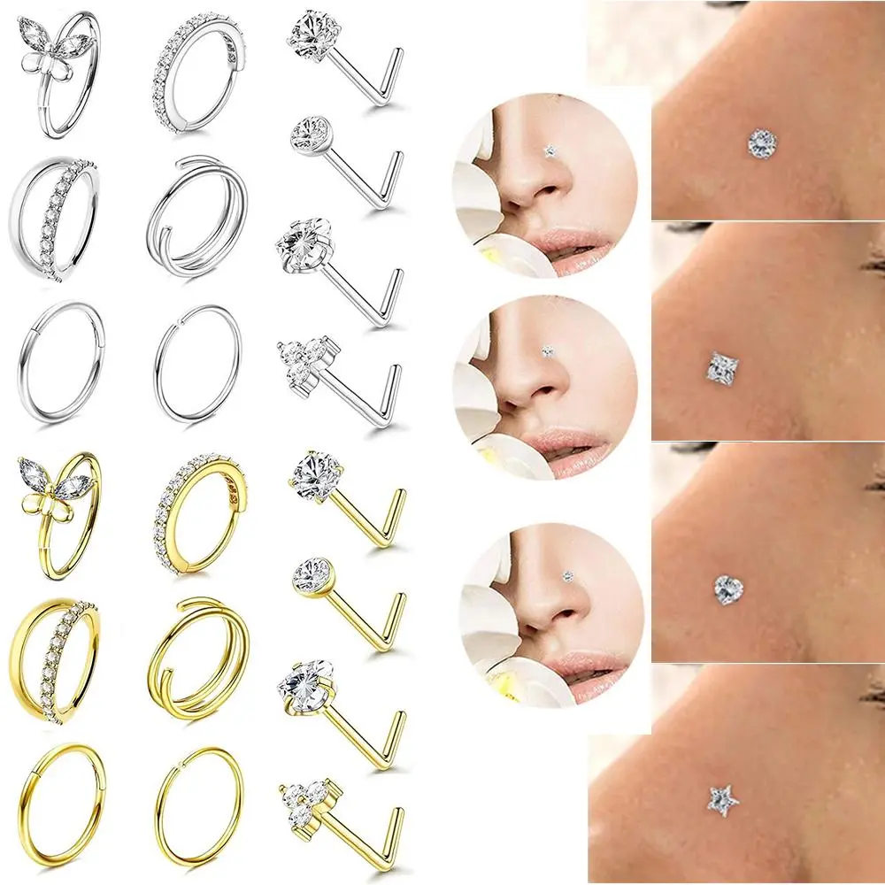 Women's Elegant 10-Pc Style Mix 304L Stainless Steel Body Jewelry Set - Rhinestones Butterfly, Heart, Round Geometric Nose Studs, Small Nose Ring, Rings, Earrings, Golden/Silvery Cubic Zirconia Female Daily Party Fashion Accessories