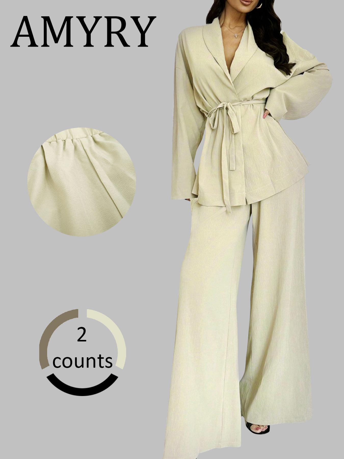 Two-piece Set Women's Solid Color Long Sleeve Open Front Blazer & Wide Leg Pants Set, Casual Elegant Fitted Two-piece Outfits for Work Office Business, Ladies Spring & Fall Clothes, Chic Womenswear, Minimalist Suits