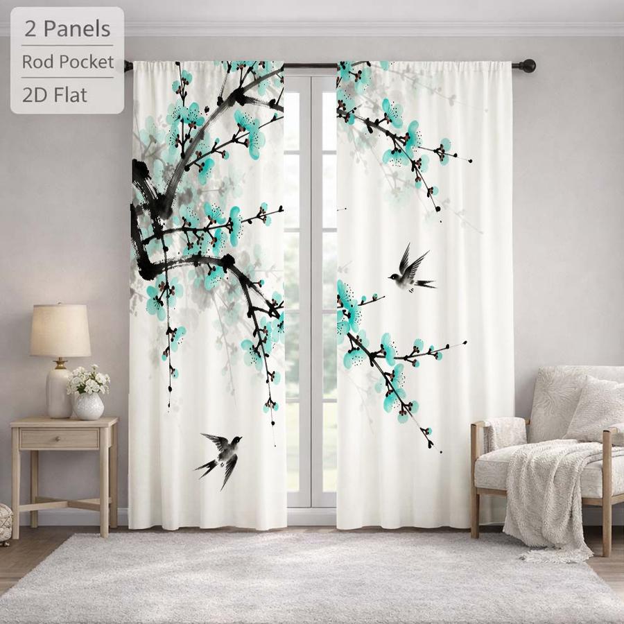 2Pcs Chinese Style Plum Blossom & Bird Pattern Decorative Sun Blocking Curtains Digital Printed Rod Pocket, Window Treatment For Bedroom Office Kitchen Living Room Study Home Decor