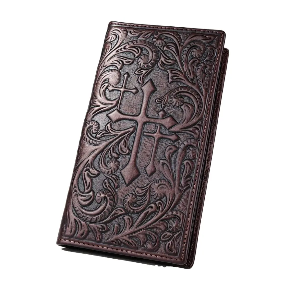 Genuine Leather Wallet Men's Floral Embossed Western Cross Slim Long Bifold Checkbook Credit Card Holder With Multi Card Slots, Ideal Gift For Men