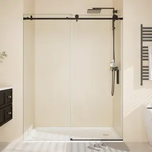 Frameless Sliding Shower Door with Nano-Coated Glass, 8mm Tempered, Stainless Steel Round Rail, Choose 76x48, 76x60, and 60x59 Inches, Matte Black and Brushed Nickel