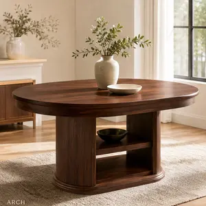 ARCH 59" Extendable Oval Pedestal Dining Table (47.24 w x 59.06 d x 29.53 h in), Space-Saving for 4-6 People, Boho Walnut Brown MDF Wood with 2-Tier Built-In Storage Shelf, Assembly Required, Wipe Clean with Dry/Damp Cloth