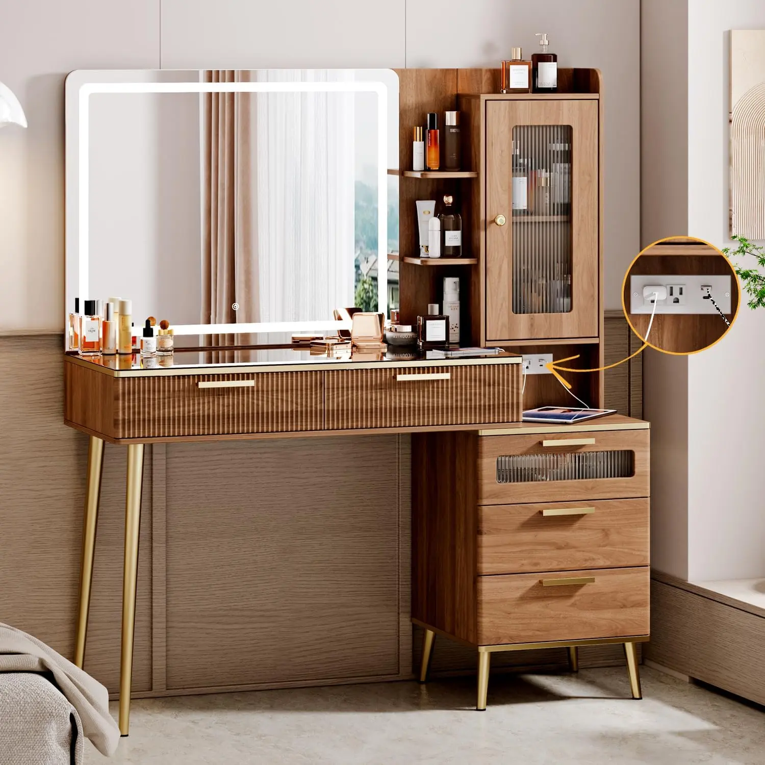 Vanity Desk with Illuminated Mirror and Built-in Charging Station – Modern Makeup Dressing Table with Spacious Drawers and Storage, Perfect for Women and Girls in Bedroom, Home Office or Dressing Room