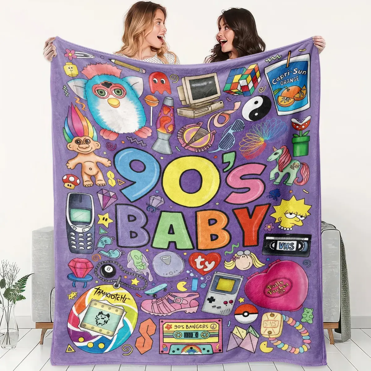 1pc 90s Retro Flannel Blanket, Nostalgic Y2K Throw Blanket with Tamagotchi, Game Console, Flip Phone, Cassette Tape, VHS, Rubik's Cube and Vintage Toys, Soft Cozy Fleece Blanket for Sofa, Bed, Office, Camping, Birthday Christmas Gift