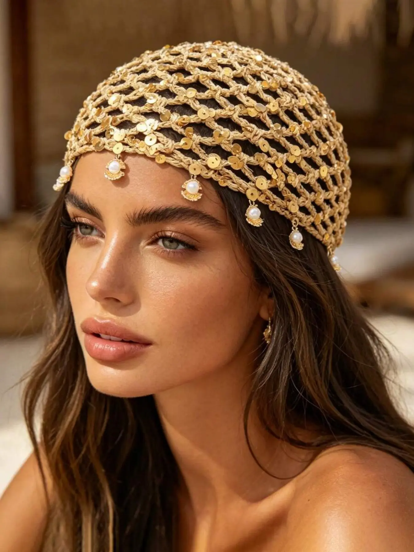 1pc Bohemian Style Sequin Knit Beanie, Pearl Shell Pendant Hollow Mesh Beret, Vacation/Beach/Festival Multi-Functional Hair Accessory, Boho Chic