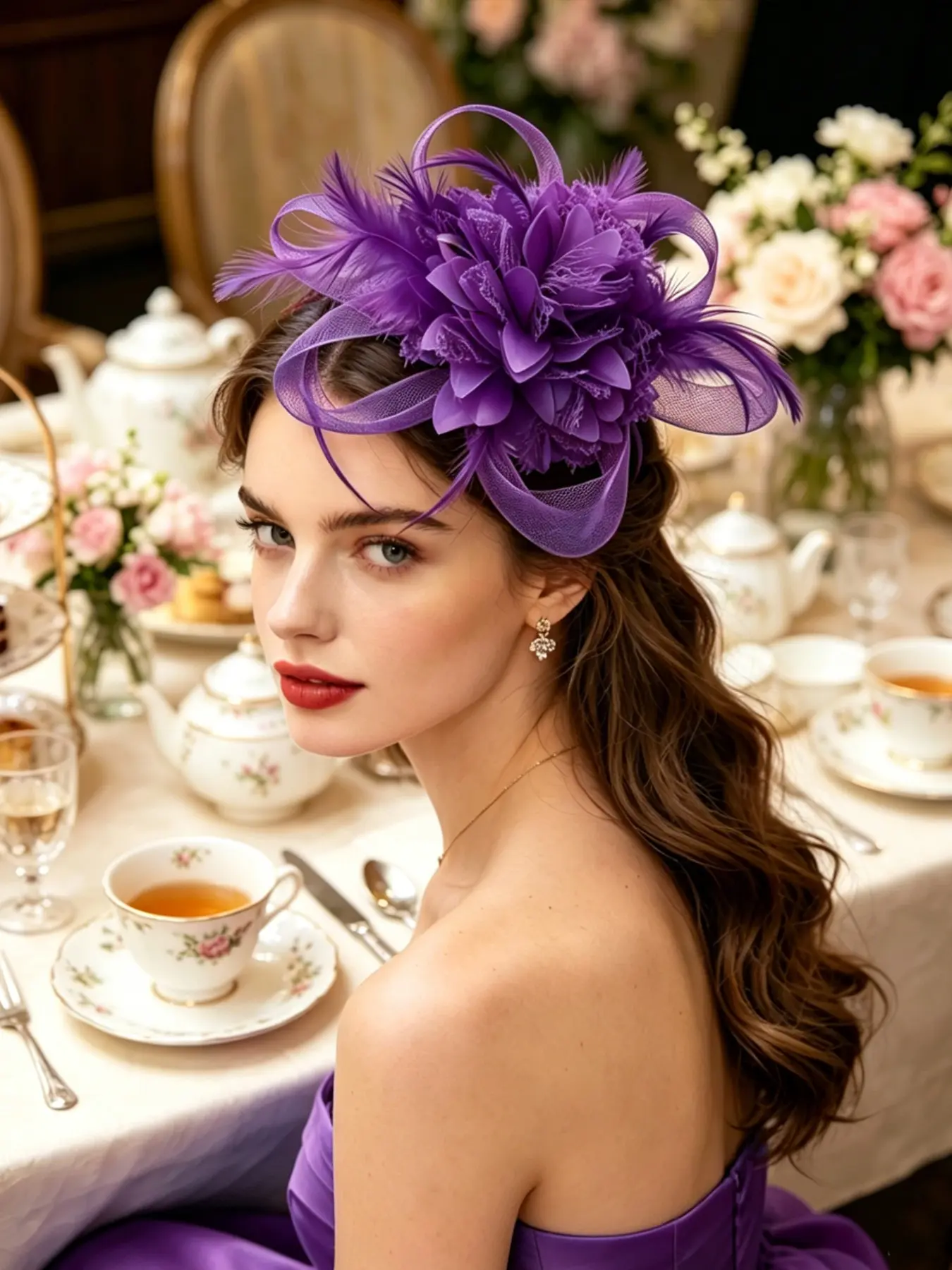 Women's Elastic Net Headband with Floral Design, Party Evening Tea Accessory, Multicolor Festival Wedding Hair Decoration