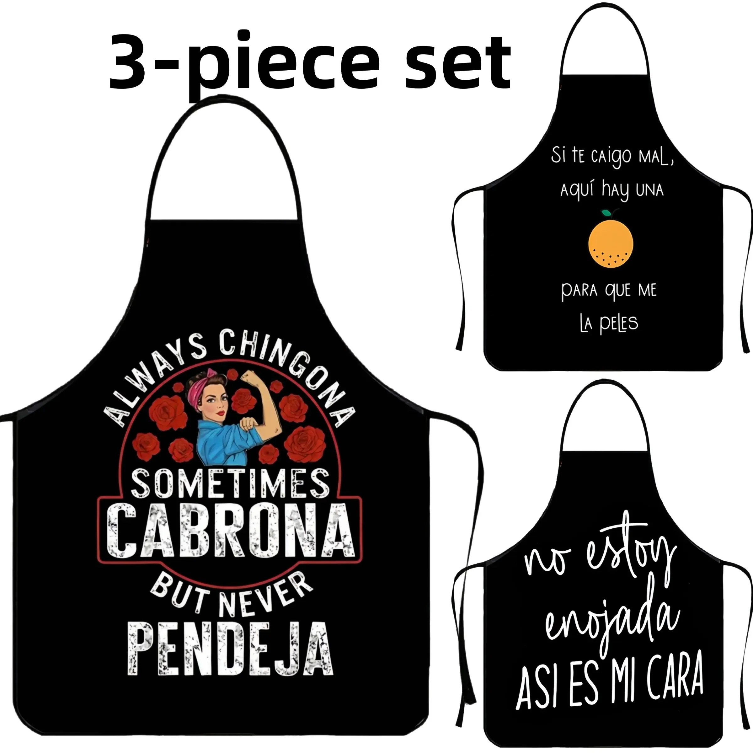 3-Piece Set Powerful & Not Mad Print Polyester Apron,Unisex Spanish Word Cooking Apron,Apron for Women,Christmas Gift, Nails Design Tool,Kitchen&Cleaning Essential,Garden Tool,﻿Cleaning Tool